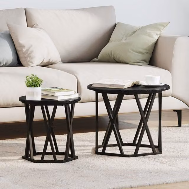 Berkfield Home Modern Round Nested Coffee Table in Black Oak with X-Frame Design