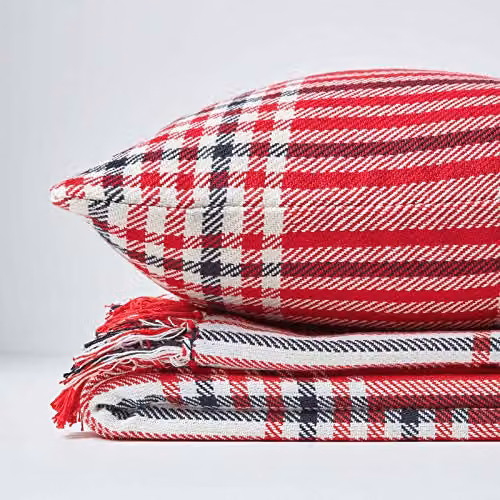 Homescapes Red and Grey Tartan Check Cotton Throw, W/D/H: 152 x 203 cm – 5