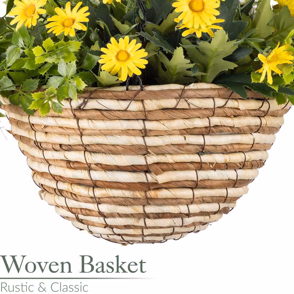 Christow Artificial Daisy Woven Hanging Basket in Yellow and Pink, UV Resistant Floral Foliage, Diameter: 25 cm – 4