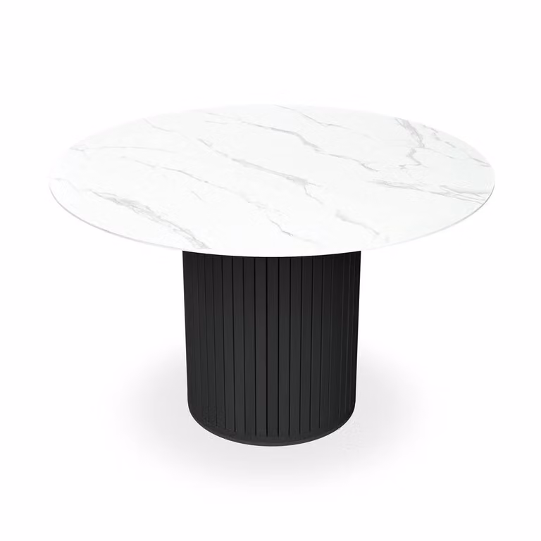 More4Homes Arlo White Marble Round Dining Table with Black Legs and 6 Mustard Nova Velvet Dining Chairs