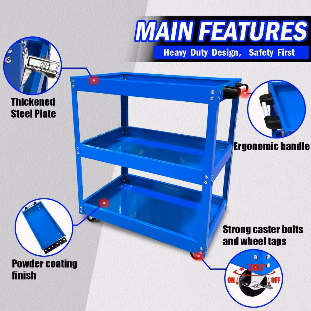 Dprodo Heavy Duty 3-Shelf Rolling Metal Cart with Brake Wheels, Blue, W/D/H: 60 x 60 x 74 cm – 2