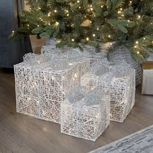 The Christmas Workshop Set of 3 Light-Up Christmas Boxes in Silver and White with 65 Warm White LEDs