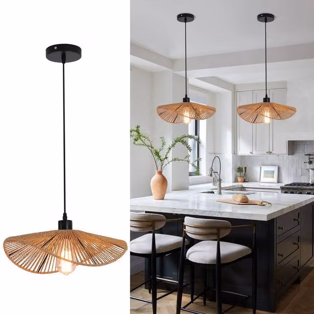 NIVOR Industrial Rattan Pendant Light in Brown, Boho Farmhouse Style for Bedroom