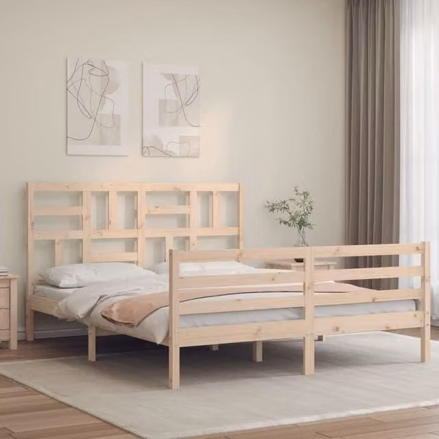 Berkfield Home Solid Pine Bed Frame with Headboard in Brown, W/D/H: 160 x 200 cm
