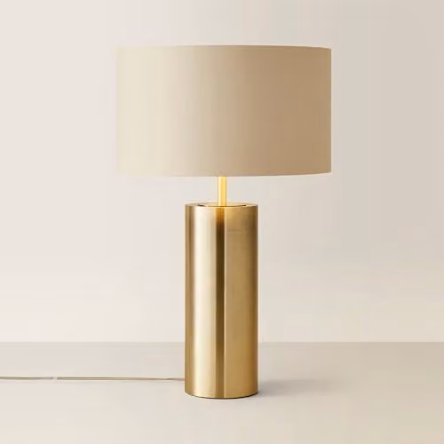 ValueLights Antique Brass Single Stem Touch Dimmer Table Lamp with Beige Fabric Cylinder Shade
