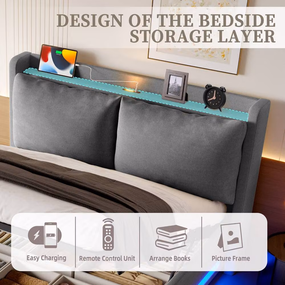 Matteo Modern Upholstered Super King Bed in Grey Fabric with Integrated Reading Light, USB Charging Port and Bedside Shelf, W/D/H: 200 x 181 x 114 cm – 6