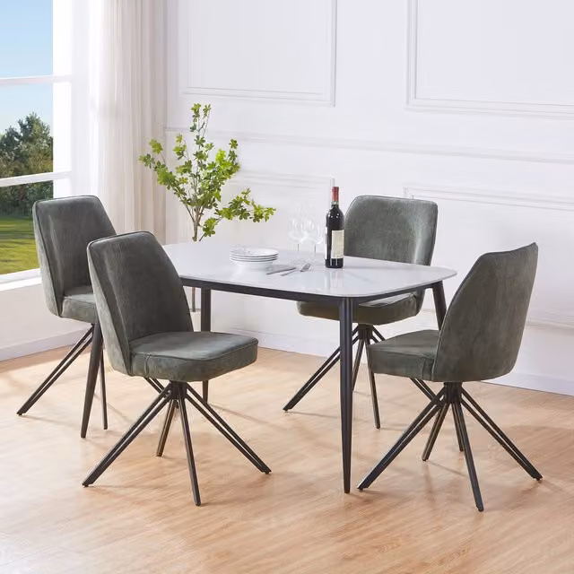 Aspen Gloss White Sintered Stone Rectangular Dining Table and 4 Green Swivel Chairs