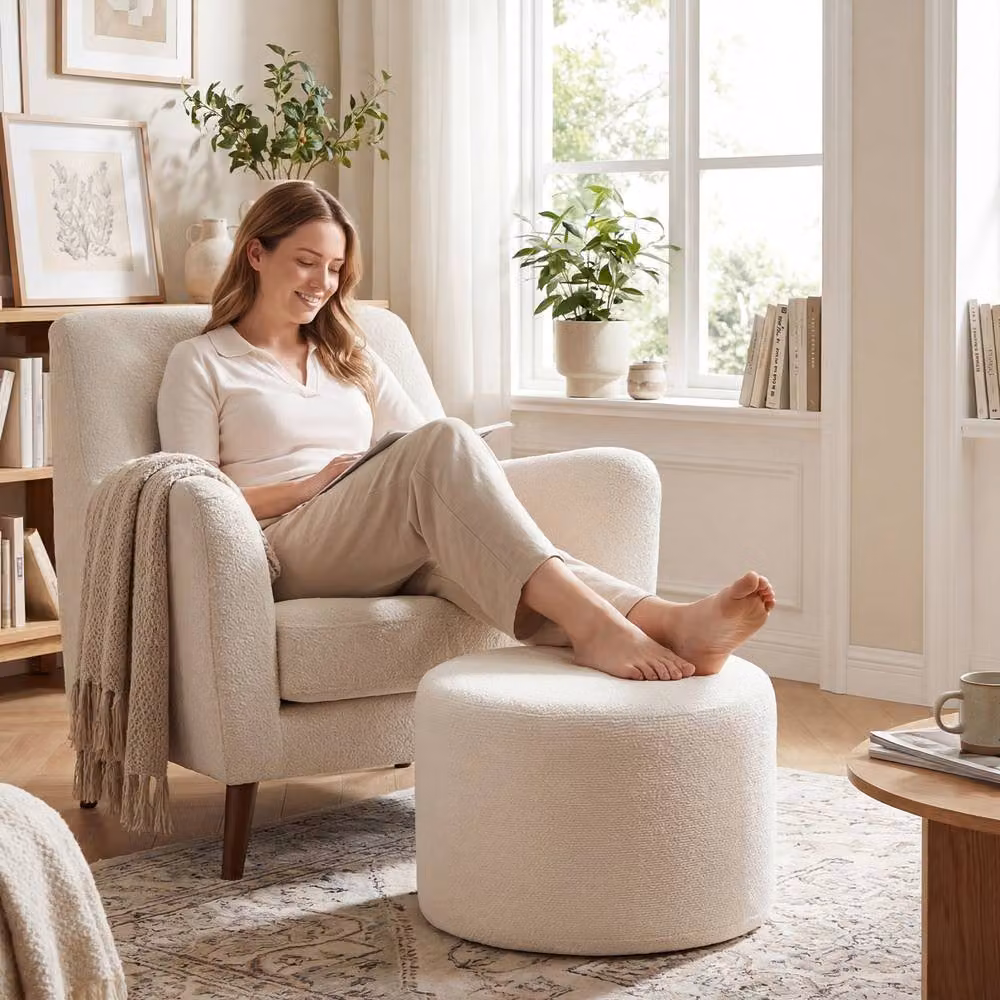 Costway Soft Foam Filled Pouf Ottoman in White with Removable Cover, W: 45 cm, D: 35 cm – 3