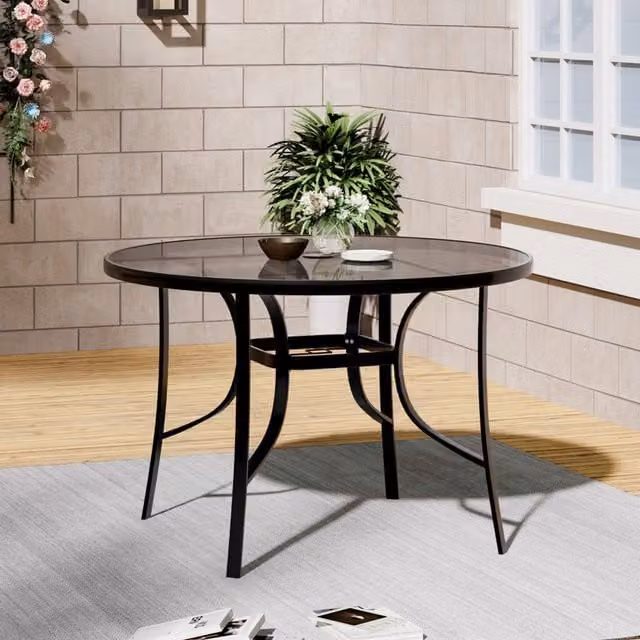 Livingandhome Round Tempered Glass Garden Table with Parasol Hole, Black, Diameter: 105 cm