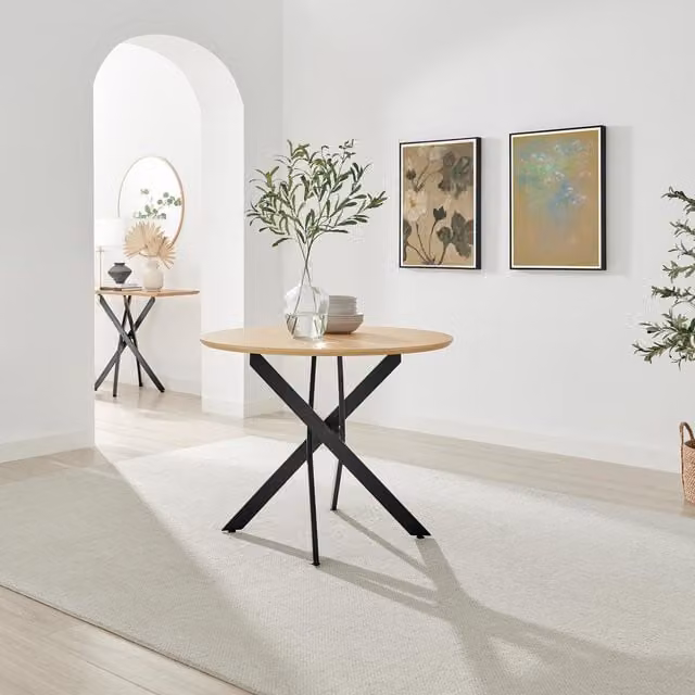 FurnitureboxUK Novara Round 4 Seater Dining Table in Oak Veneer and Black Metal – 1