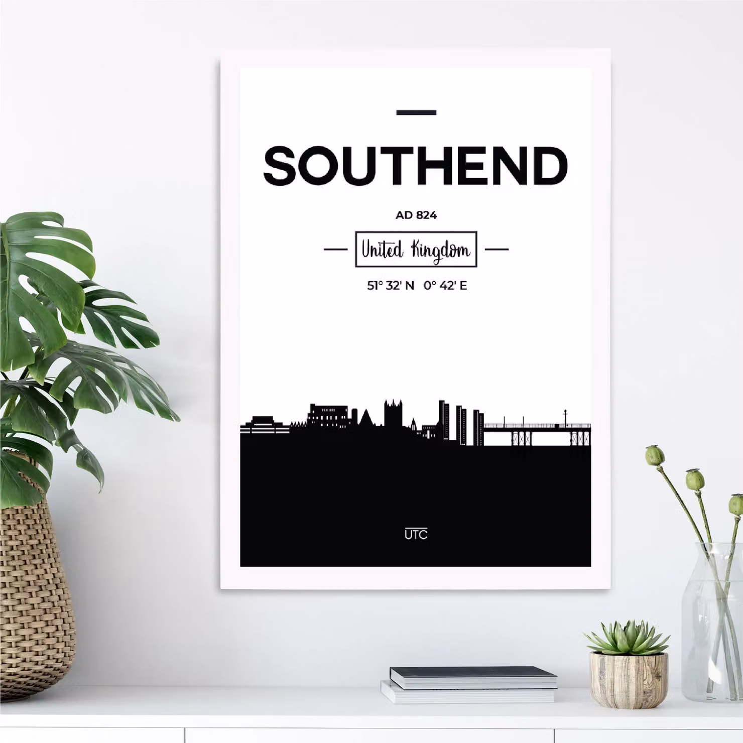 ARTZE Southend Black and White City Skyline Framed Paper Poster with White Frame, A4 – 2