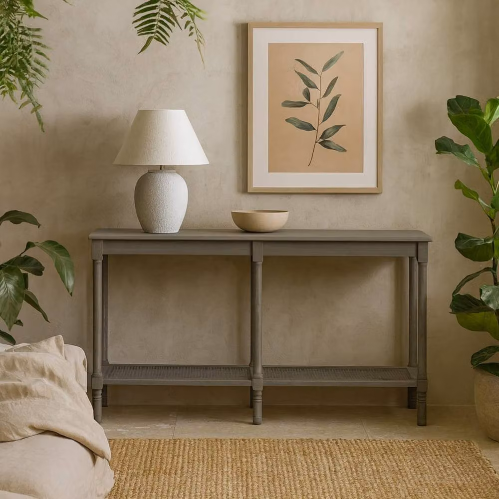 Wyld Haus Laurelbrook Large Console Table in Grey Wood with Woven Rattan Shelf, W/D/H: 120 x 40 x 80 cm – 2