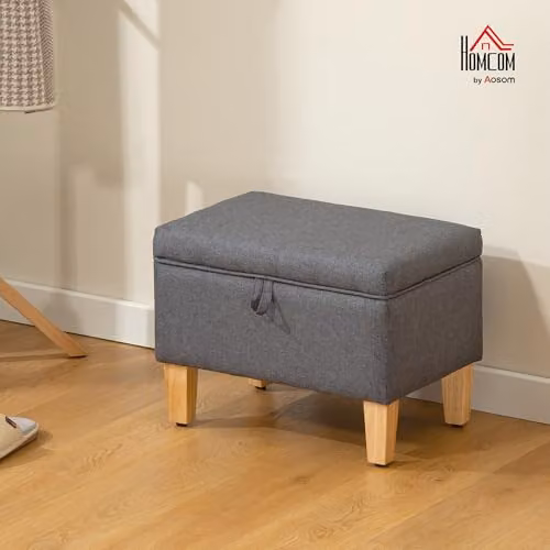 HOMCOM Linen Storage Ottoman with Padded Top and Rubberwood Legs, Grey – 2