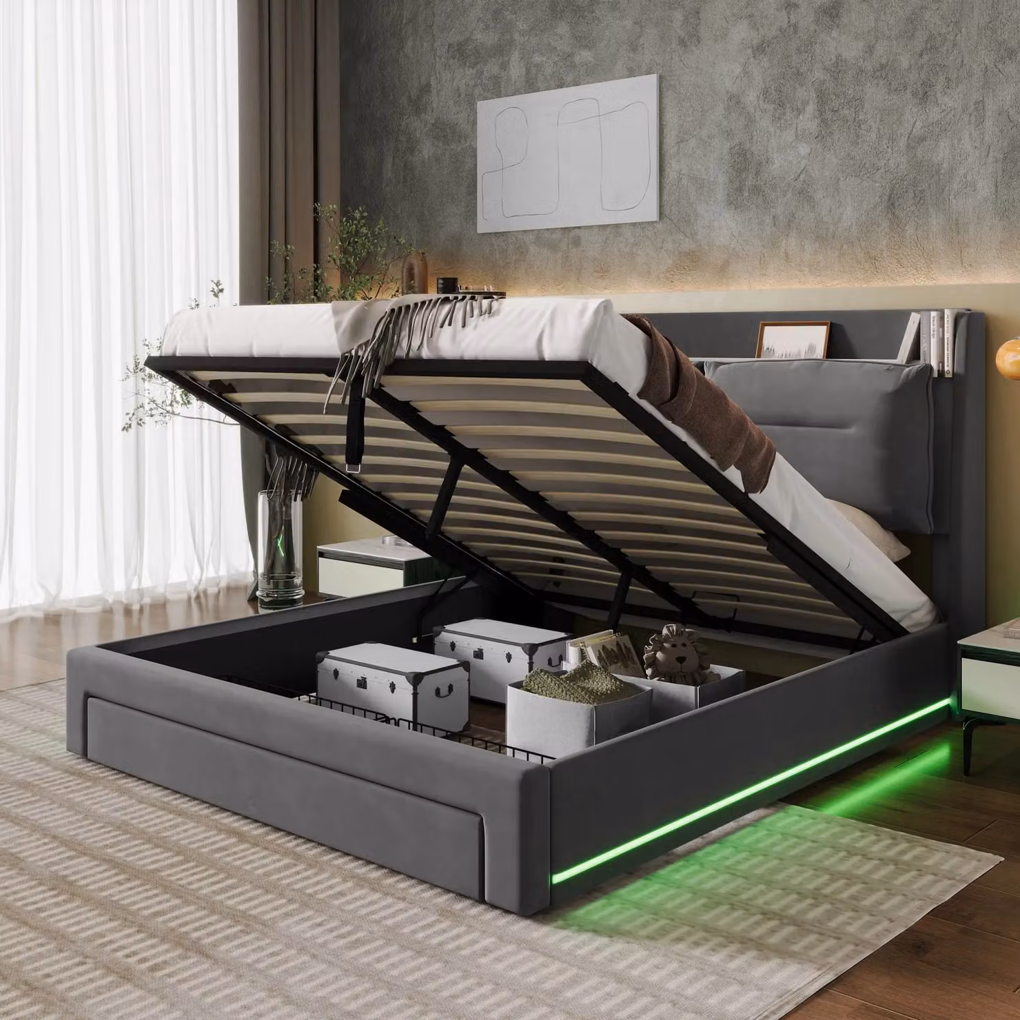 Matteo Luxurious Upholstered Double Bed with Hydraulic Storage Drawers in Black Velvet, W/D/H: 140 x 200 cm – 3