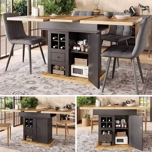 Rolipo Extendable Rectangular Dining Table in Black with Wine Rack and Drawers