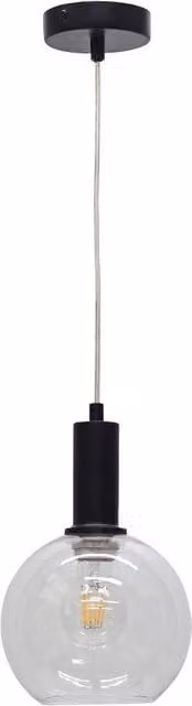 First Choice Lighting Barnum Art Deco Pendant Fitting with Black Metal and Transparent Glass Sphere Globe