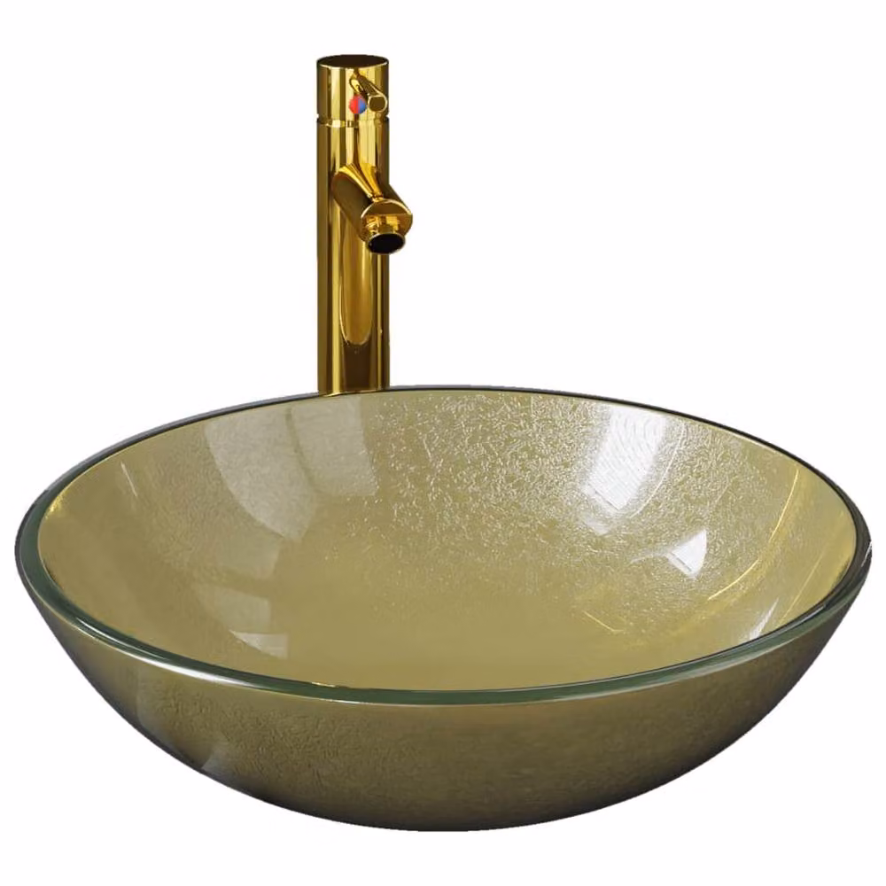Berkfield Home Gold Tempered Glass Round Countertop Bathroom Sink with Tap and Push Drain – 2
