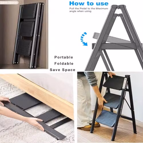 Gr8 Home Black 3 Step Foldable Steel Ladder with Non-Slip Rubber Feet – 4