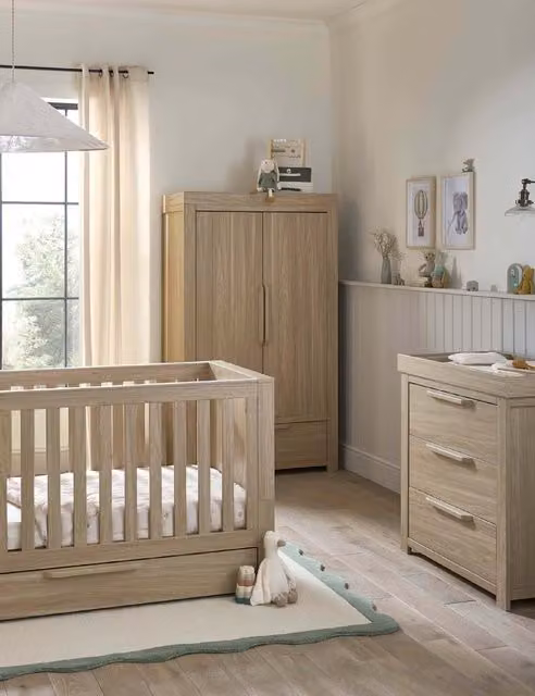 Mamas & Papas Franklin 3 Piece Cot Bed Dresser and Wardrobe Set in Brown and Beige