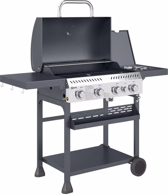 Outsunny Galvanised Steel 4+1 Gas Burner BBQ Grill Trolley with Side Burner and Warming Rack, Black – 1