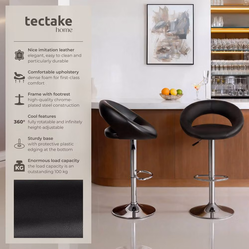 tectake Christian Set of 2 Modern Bar Stools in Black Synthetic Leather with Metal Frame – 2