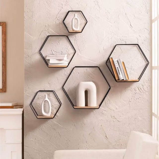 FORGEVIO Hexagon Solid Wood Wall Mounted Floating Shelves in Black