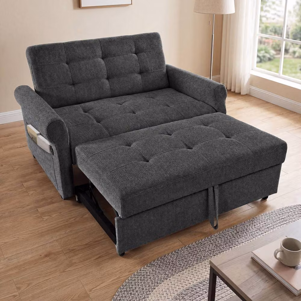 BTM Convertible Sleeper Loveseat Pull Out Sofa with Storage Pocket in Dark Grey – 2