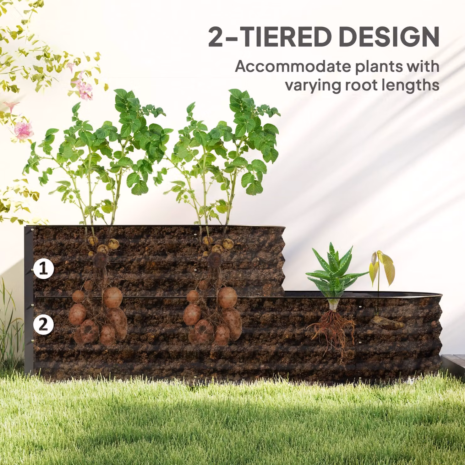 Outsunny Two-Tier Galvanised Steel Garden Planter with Tub, Grey, W/D/H: 150 x 60 x 57 cm – 4