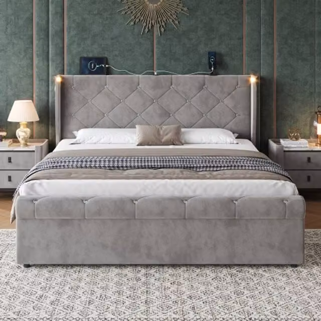 Matteo Double Velvet Upholstered Bed Frame in Grey with Integrated Reading Light, USB Charging Port and Lift Up Base, W/D/H: 140 x 200 cm