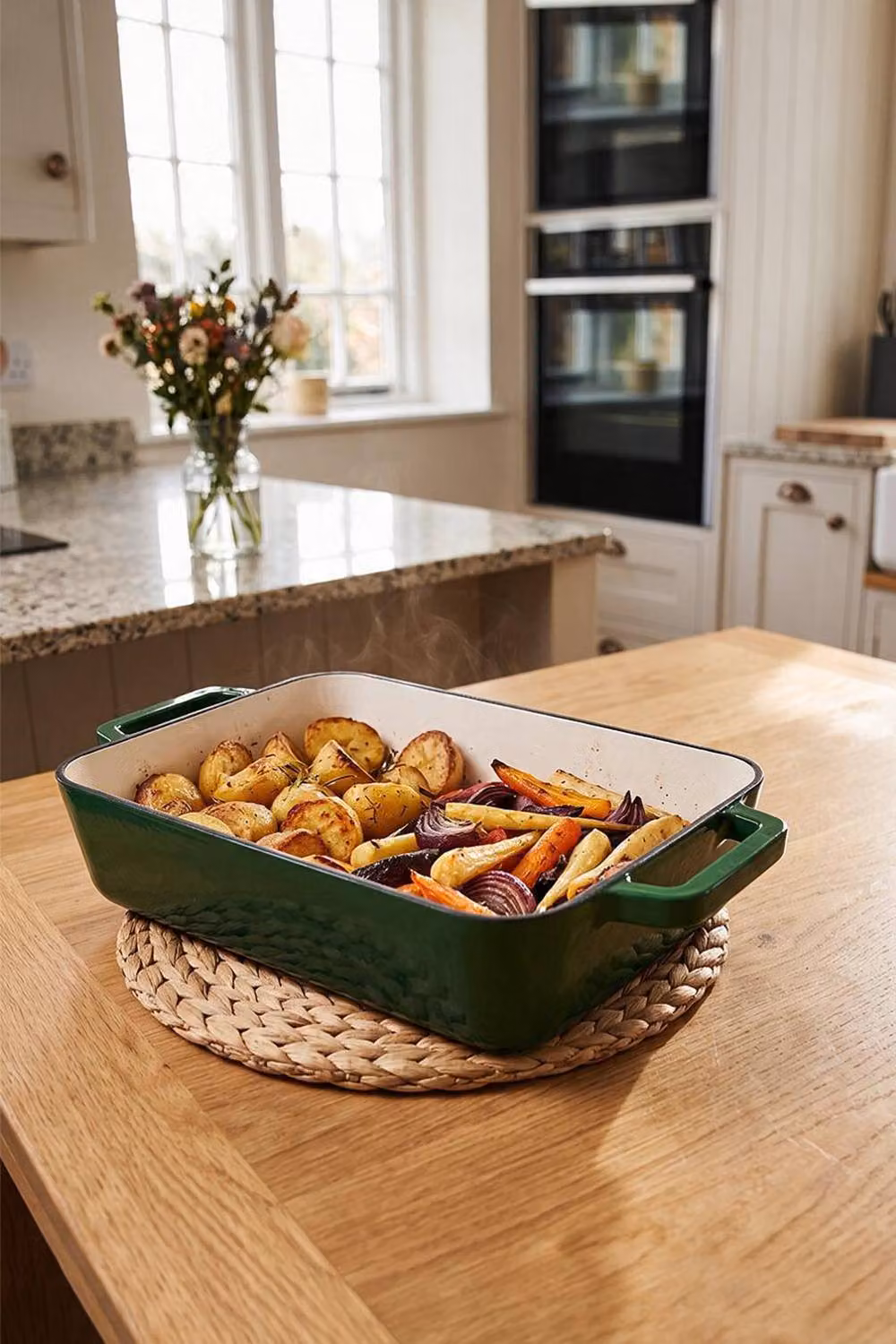 ExtraStar Enamelled Cast Iron Rectangular Casserole Dish with Handles, Green – 3