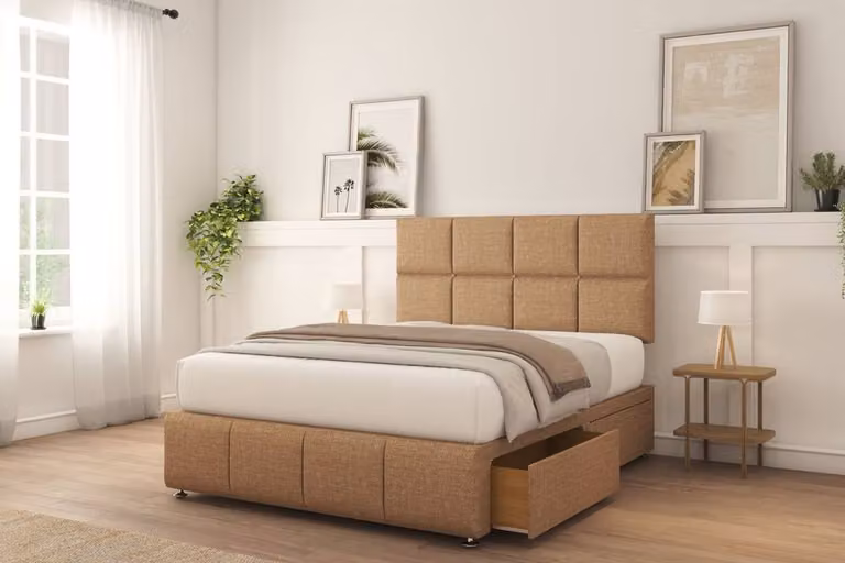 Sloomy Brington Naples King Size Divan Bed Set with 4 Drawers and 26 inch Strutted Headboard in Light Brown Velvet Fabric, W/D/H: 180 x 200 cm