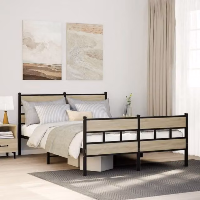 Berkfield Home Metal Bed Frame in Sonoma Oak Brown, W: 135 cm, L: 190 cm – 1