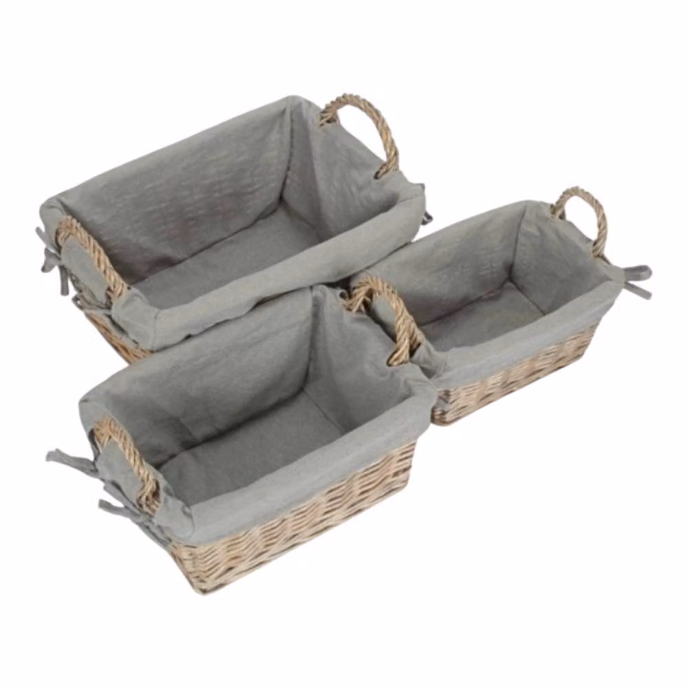 Set of 3 Red Wicker Hampers with Grey Cotton Lining and Handles – 2
