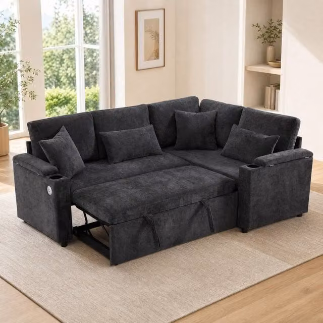 STILVORA L-Shaped 4-5 Seater Fabric Sofa Bed with Storage and USB Charging in Grey – 1