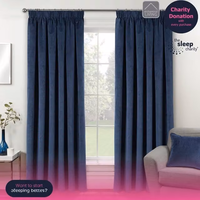 Enhanced Living Oxford Navy Blue Blackout Velvet Thermal Insulating Pencil Pleat Tape Top Curtains, Width: 168 cm, Height: 183 cm