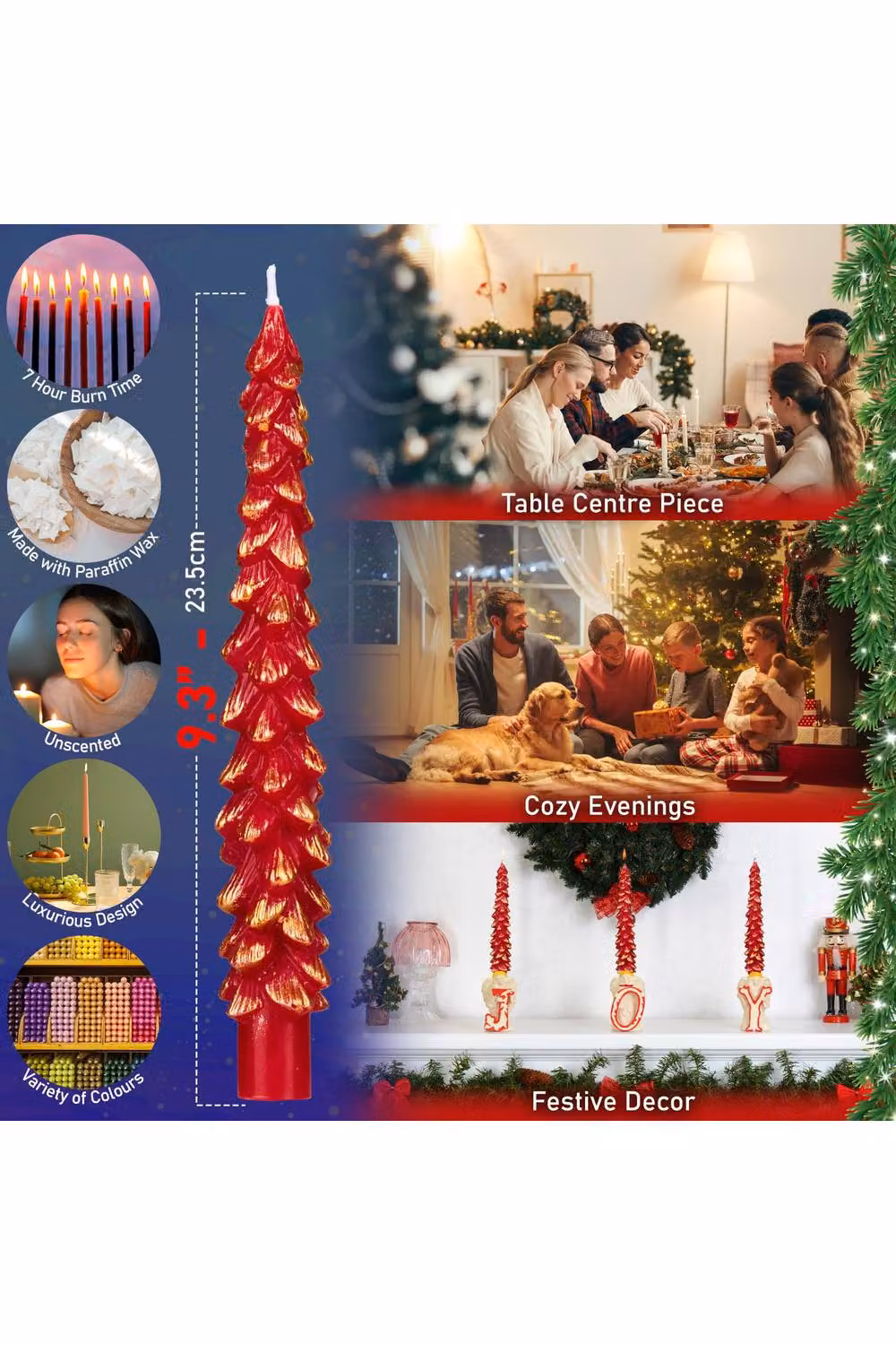 Deco Express Christmas Tree Dinner Candle Set in Red and Gold – 7