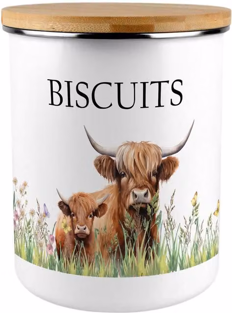 Purely Home Highland Cow and Calf Extra Large Enamel Metal Biscuit Tin in Brown and White