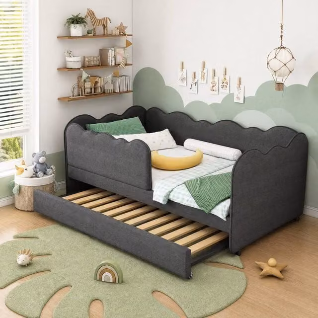 STILVORA Upholstered Single Bed Frame with Trundle in Grey Linen, W/D/H: 90 x 190 cm