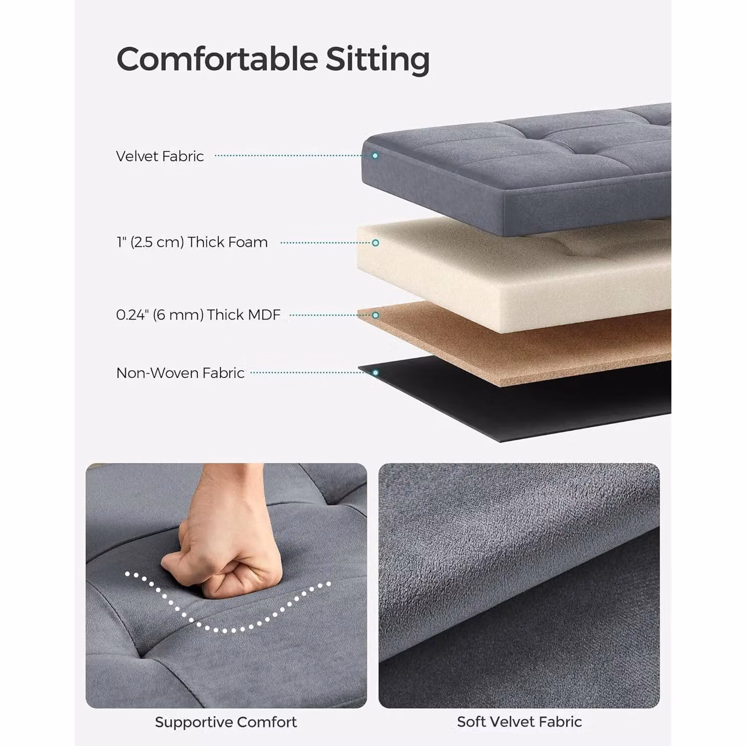 SONGMICS Compact Rectangular Foldable Storage Ottoman Foot Rest in Grey Velvet Fabric – 3