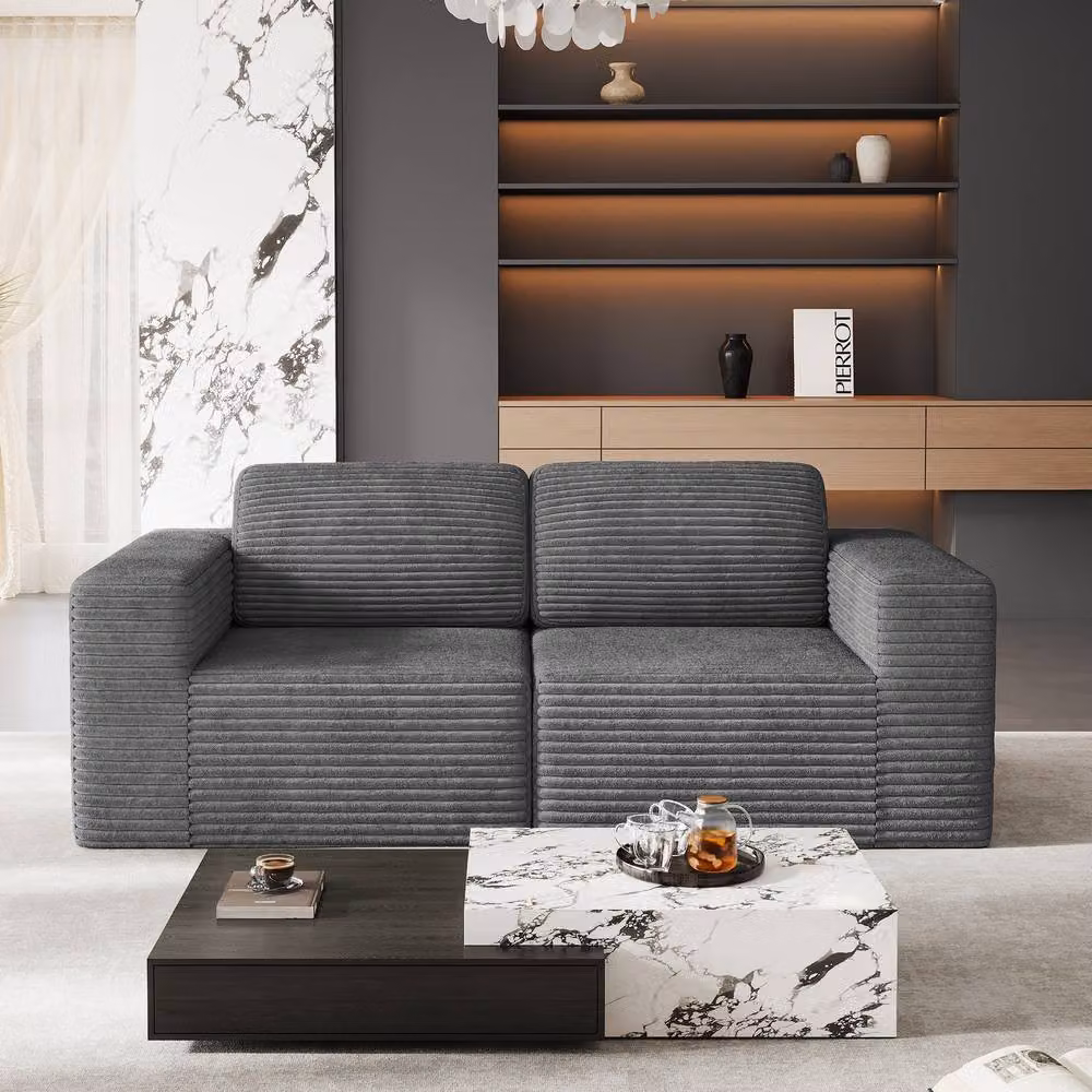 Dprodo Grey Corduroy Modular Loveseat Sofa with Matching Ottoman and Removable Covers, W: 202 cm, D: 101 cm, H: 82 cm – 7