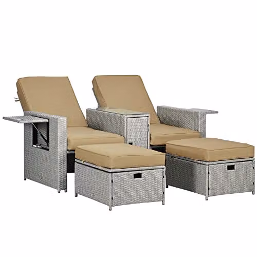 Outsunny 5-Piece PE Rattan Sun Lounger Set with Adjustable Recliner, Storage Side Table and Footstools in Beige – 2
