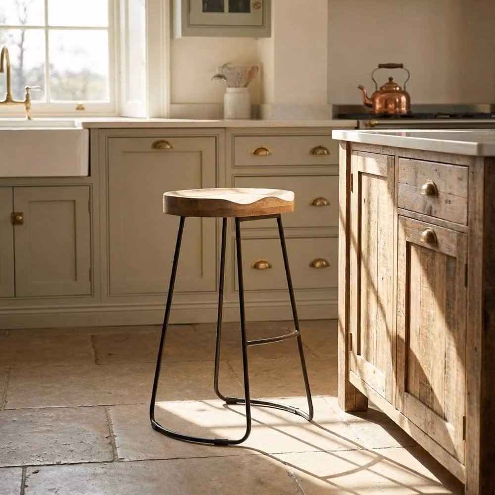 FLAVORA Industrial Metal and Mango Wood Bar Stool in Black and Brown, Height: 64 cm – 2