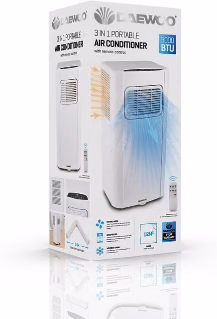 Daewoo 5000BTU Monobloc Portable Air Conditioning Unit with Remote Control and Timer, White