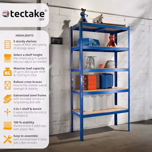 tectake Heavy-Duty 5-Tier Garage Shelving Unit with MDF Shelves and Galvanised Steel Frame, Blue, W: 132.5 cm, D: 45.5 cm, H: 180.5 cm – 3