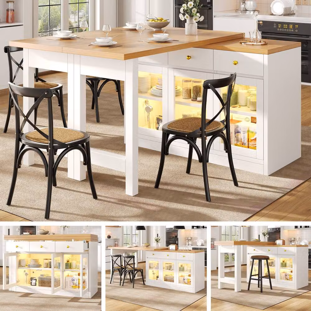 Merax Kitchen Island with LED Glass Doors and Extendable Drop-Leaf Bar Dining Table in White – 2