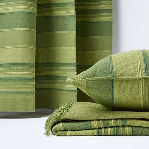 Homescapes Morocco Green Striped Cotton Woven Sofa Throw with Fringes, W: 150 cm, D: 200 cm – 3