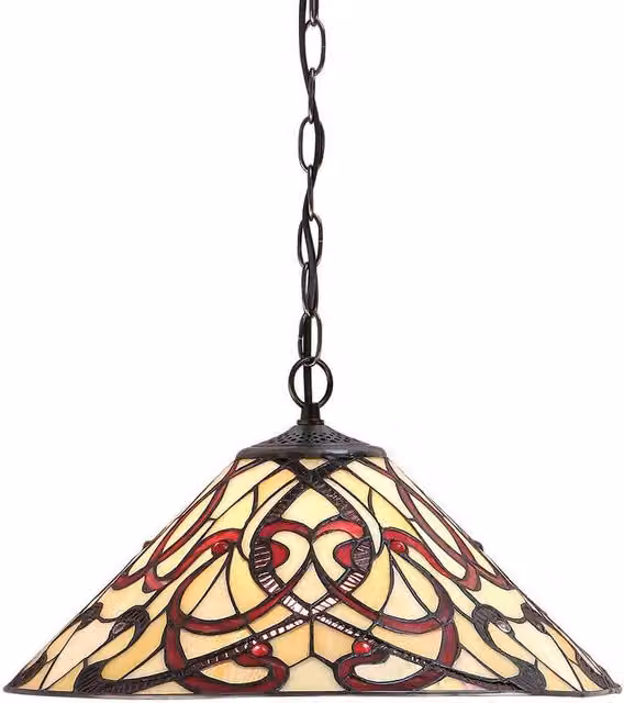 Interiors 1900 Ruban Art Nouveau Single Light Ceiling Pendant in Dark Bronze with Multicolour Red Tiffany Glass and E27 Socket