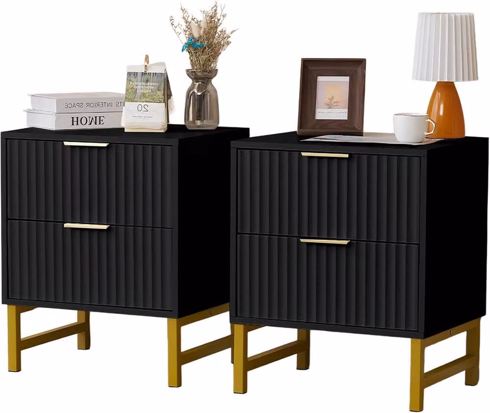 FURNITURE ONE Set of 2 Black and Gold 2 Drawer Bedside Tables with Modern Geometric Design – 6