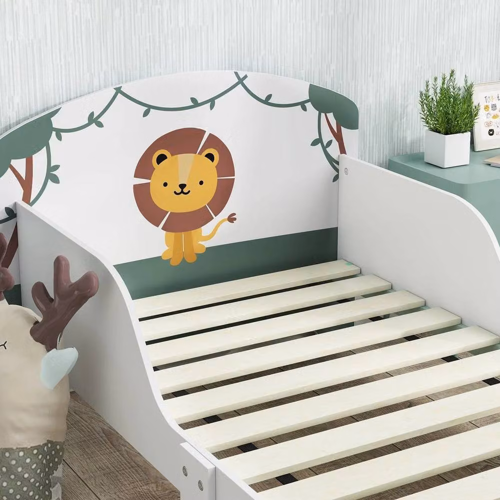 FORGEVIO Lion-Themed Childrens Cot Bed Frame with Side Compartment Storage, Green, W/D/H: 140 x 70 x 60 cm – 2