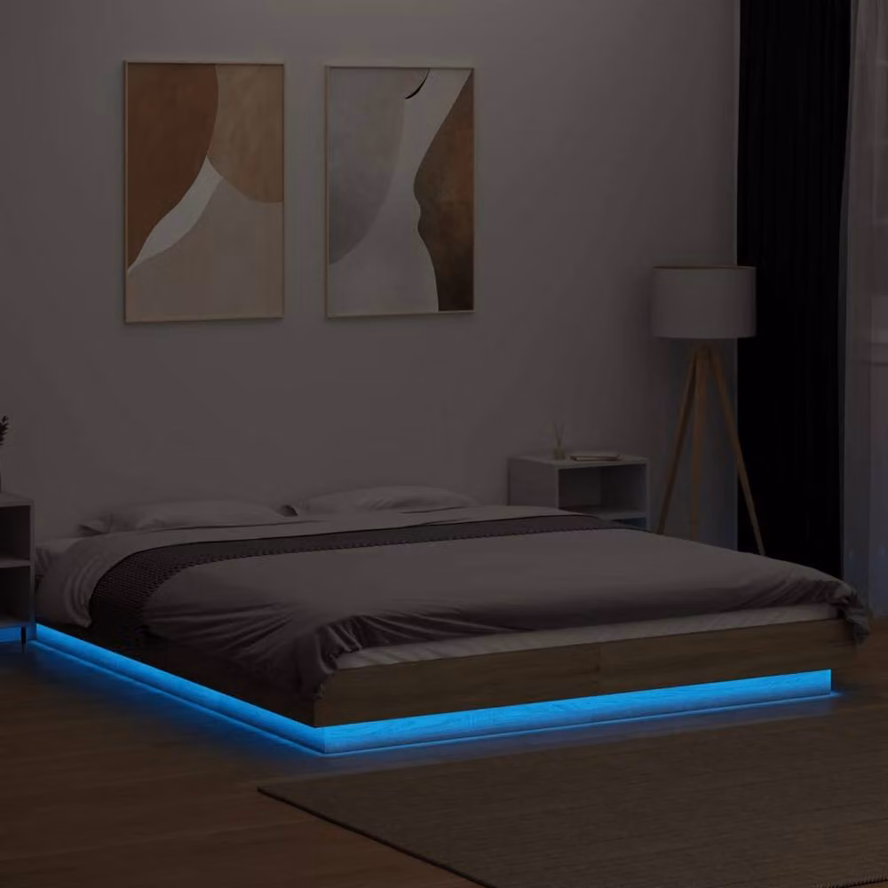 Berkfield Home Sonoma Oak Bed Frame with LED Lights and USB Charging Port in Light Brown, W: 150 cm, D: 200 cm – 3